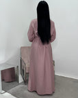 Alya Pink Summer Modest Dress with Tie Back and Gold Buckle