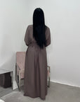 Alya Mocha Summer Modest Dress with Tie Back and Gold Buckle