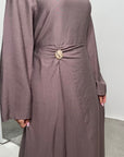 Alya Mocha Summer Modest Dress with Tie Back and Gold Buckle