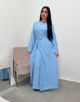 Alya Pastel Blue Summer Modest Dress with Tie Back and Gold Buckle