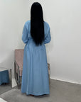 Alya Pastel Blue Summer Modest Dress with Tie Back and Gold Buckle