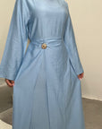 Alya Pastel Blue Summer Modest Dress with Tie Back and Gold Buckle