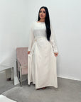 Alya Cream Summer Modest Dress with Tie Back and Gold Buckle