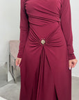 Alayna Wine Soft Gold Buckle Modest Dress