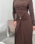 Alayna Chocolate Soft Gold Buckle Modest Dress
