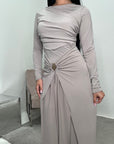 Alayna Mocha Soft Gold Buckle Modest Dress