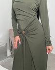 Alayna Khaki Soft Gold Buckle Modest Dress