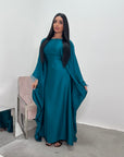 Haniya Teal Fur Trim Kaftan Dress