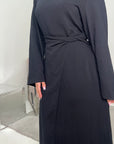 Nyla Black Linen Twist Modest Dress With Front Knot