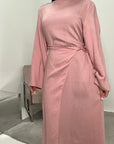 Nyla Pink Linen Twist Modest Dress With Front Knot