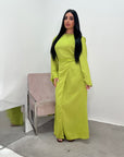 Nyla Lime Green Linen Twist Modest Dress With Front Knot