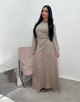 Nyla Mocha Linen Twist Modest Dress With Front Knot