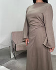 Nyla Mocha Linen Twist Modest Dress With Front Knot