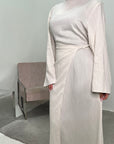 Nyla Cream Linen Twist Modest Dress With Front Knot
