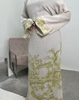 Sobia Lime Green Linen Floral Printed Tie Back Modest Dress
