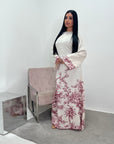 Sobia Wine Linen Floral Printed Tie Back Modest Dress