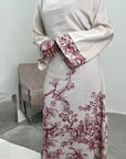 Sobia Wine Linen Floral Printed Tie Back Modest Dress