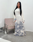 Sobia Navy Linen Floral Printed Tie Back Modest Dress