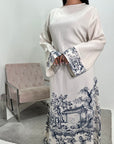 Sobia Navy Linen Floral Printed Tie Back Modest Dress