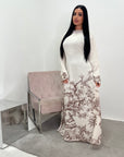 Sobia Chocolate Linen Floral Printed Tie Back Modest Dress