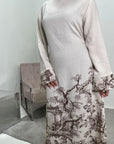 Sobia Chocolate Linen Floral Printed Tie Back Modest Dress