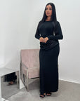 Zaria Black Modest Elegant Satin Waist Detail Dress