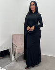 Dilay Black Modest Drape Detail Gold Buckle Dress