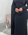 Dilay Black Modest Drape Detail Gold Buckle Dress