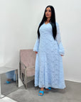 Naira Sky Blue Modest Lined Summer V Neck Flare Sleeve Tie Back Dress