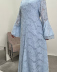 Naira Sky Blue Modest Lined Summer V Neck Flare Sleeve Tie Back Dress