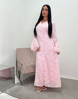 Naira Pink Modest Lined Summer V Neck Flare Sleeve Tie Back Dress
