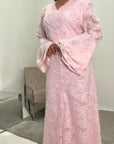 Naira Pink Modest Lined Summer V Neck Flare Sleeve Tie Back Dress