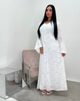 Naira White Modest Lined Summer V Neck Flare Sleeve Tie Back Dress