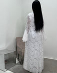 Naira White Modest Lined Summer V Neck Flare Sleeve Tie Back Dress