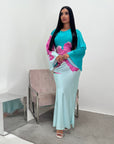 Zainab Turquoise Satin Floral Print Tie Back Modest Dress