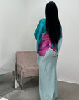 Zainab Turquoise Satin Floral Print Tie Back Modest Dress