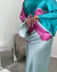 Zainab Turquoise Satin Floral Print Tie Back Modest Dress