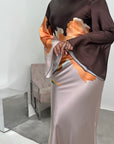 Zainab Chocolate Satin Floral Print Tie Back Modest Dress