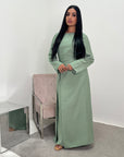 Alya Mint Summer Modest Dress with Tie Back and Gold Buckle
