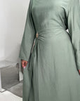 Alya Mint Summer Modest Dress with Tie Back and Gold Buckle