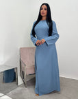 Alya Jeans Blue Summer Modest Dress with Tie Back and Gold Buckle