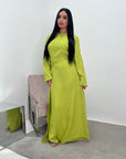 Alya Lime Green Summer Modest Dress with Tie Back and Gold Buckle