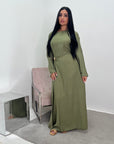 Alya Khaki Summer Modest Dress with Tie Back and Gold Buckle