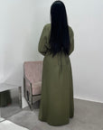 Alya Khaki Summer Modest Dress with Tie Back and Gold Buckle