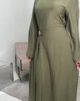 Alya Khaki Summer Modest Dress with Tie Back and Gold Buckle