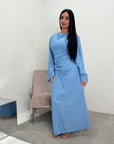 Zaneta Sky Blue Linen Side Button Detail Modest Dress