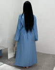 Zaneta Sky Blue Linen Side Button Detail Modest Dress