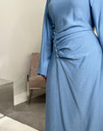 Zaneta Sky Blue Linen Side Button Detail Modest Dress