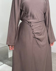 Zaneta Mocha Linen Side Button Detail Modest Dress