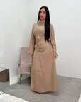 Zaneta Camel Linen Side Button Detail Modest Dress
